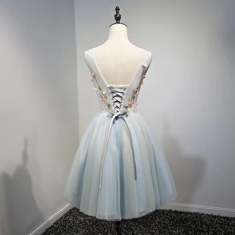 A Line Light Blue Floral Short V Neck Tulle Homecoming Dresses PFH0081