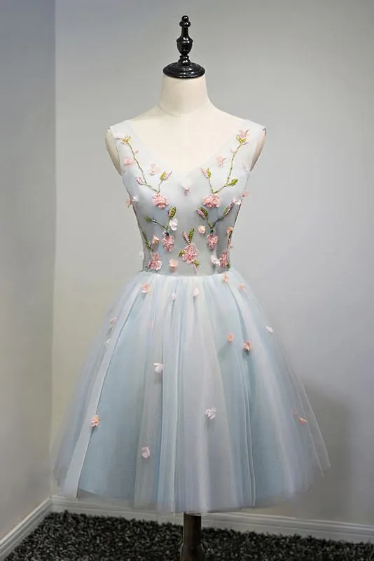 A Line Light Blue Floral Short V Neck Tulle Homecoming Dresses PFH0081