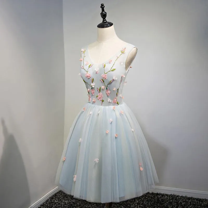 A Line Light Blue Floral Short V Neck Tulle Homecoming Dresses PFH0081