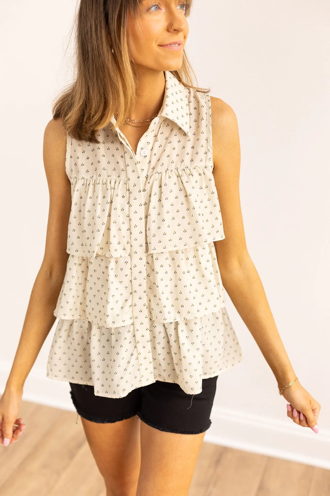 Andrea Sleeveless Ruffle Top, Ivory