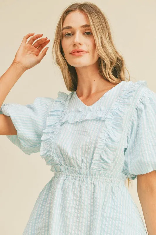 Aqua Striped Mini Dress With Ruffle Detail