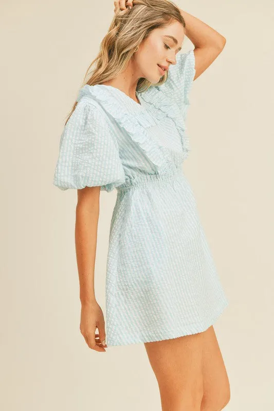 Aqua Striped Mini Dress With Ruffle Detail