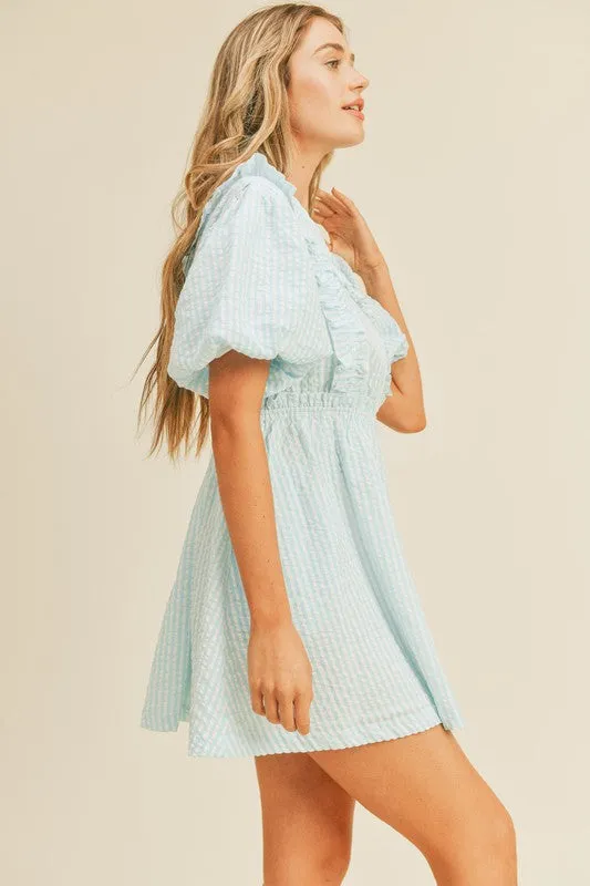 Aqua Striped Mini Dress With Ruffle Detail