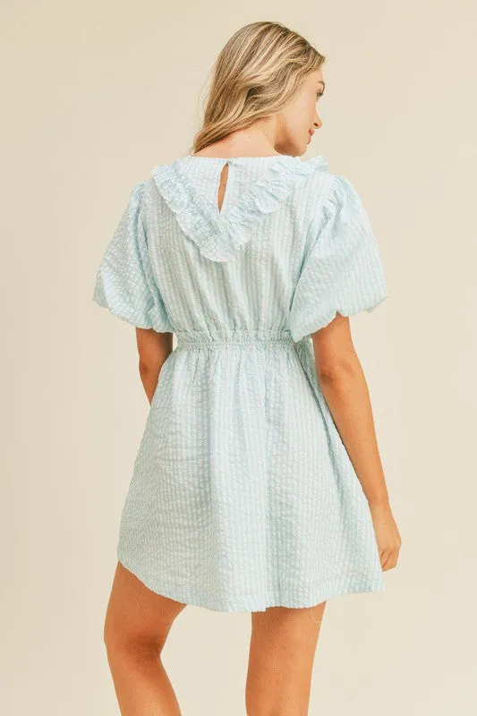 Aqua Striped Mini Dress With Ruffle Detail