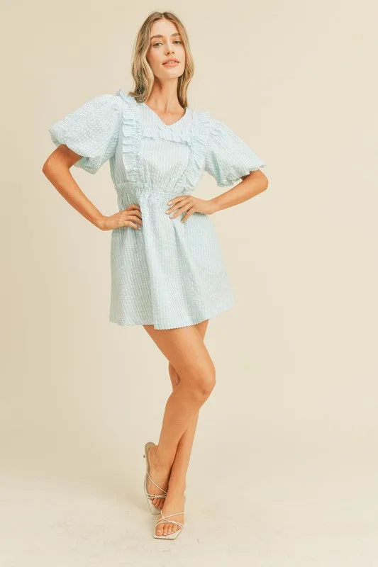 Aqua Striped Mini Dress With Ruffle Detail