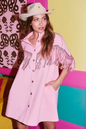 Baby Pink Metallic Fringe Shirt Dress