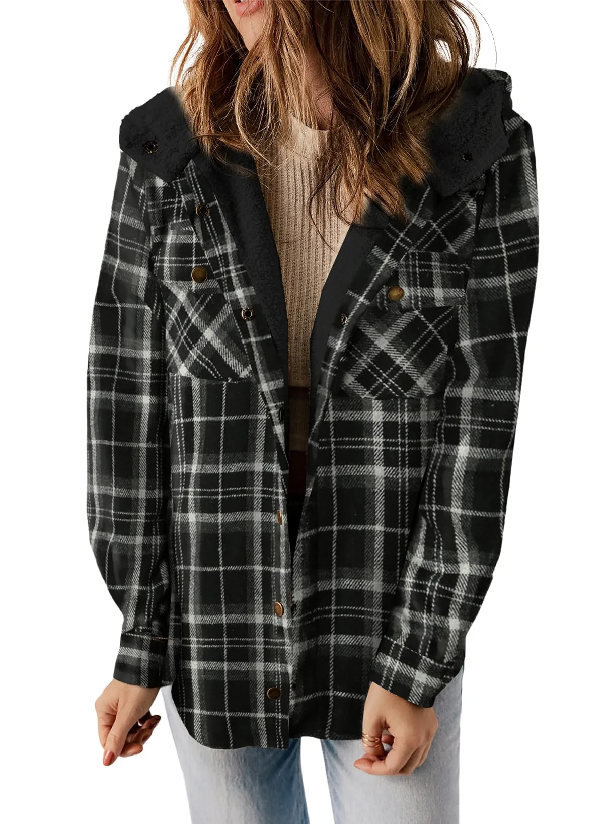 Black Check Warm Jacket Women Plaid Shacket Long Sleeve Button Down  - Dokotoo