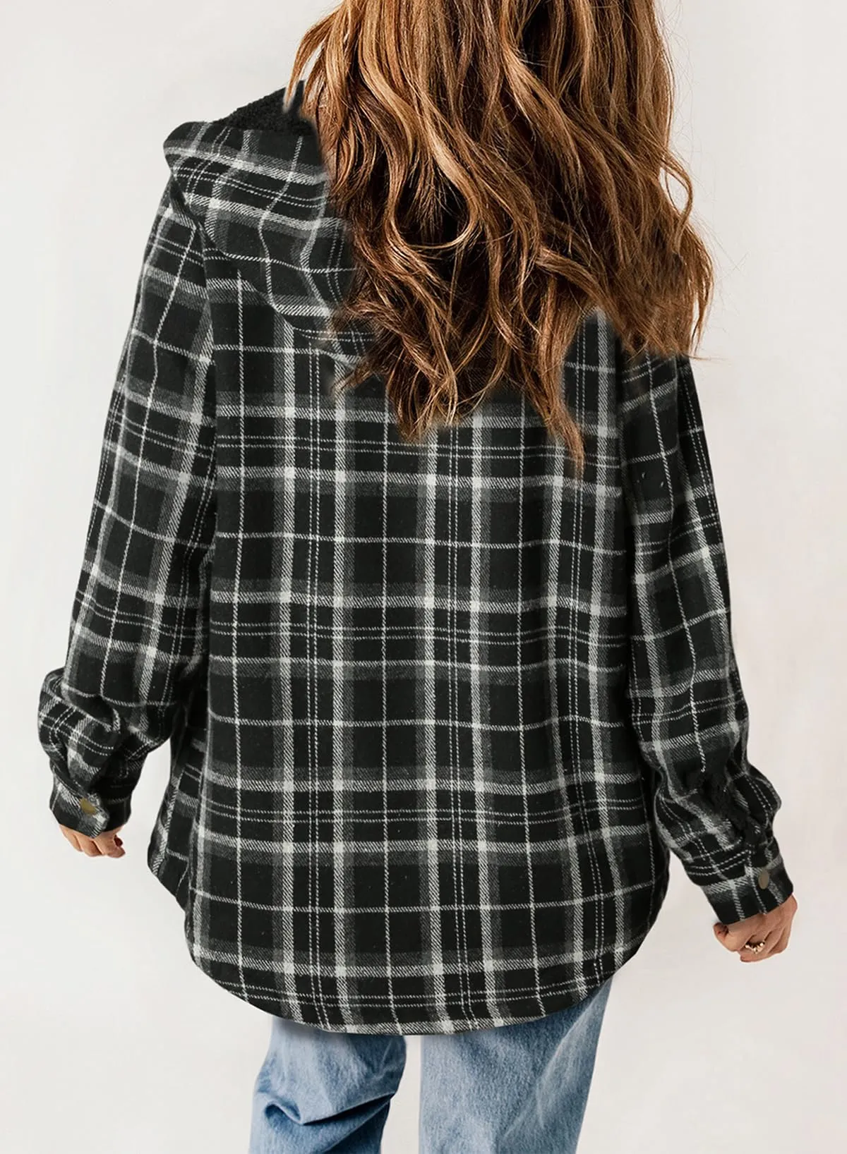 Black Check Warm Jacket Women Plaid Shacket Long Sleeve Button Down  - Dokotoo