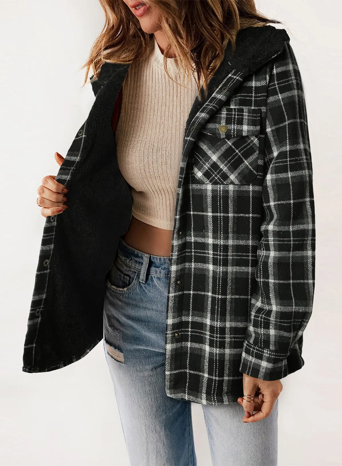 Black Check Warm Jacket Women Plaid Shacket Long Sleeve Button Down  - Dokotoo