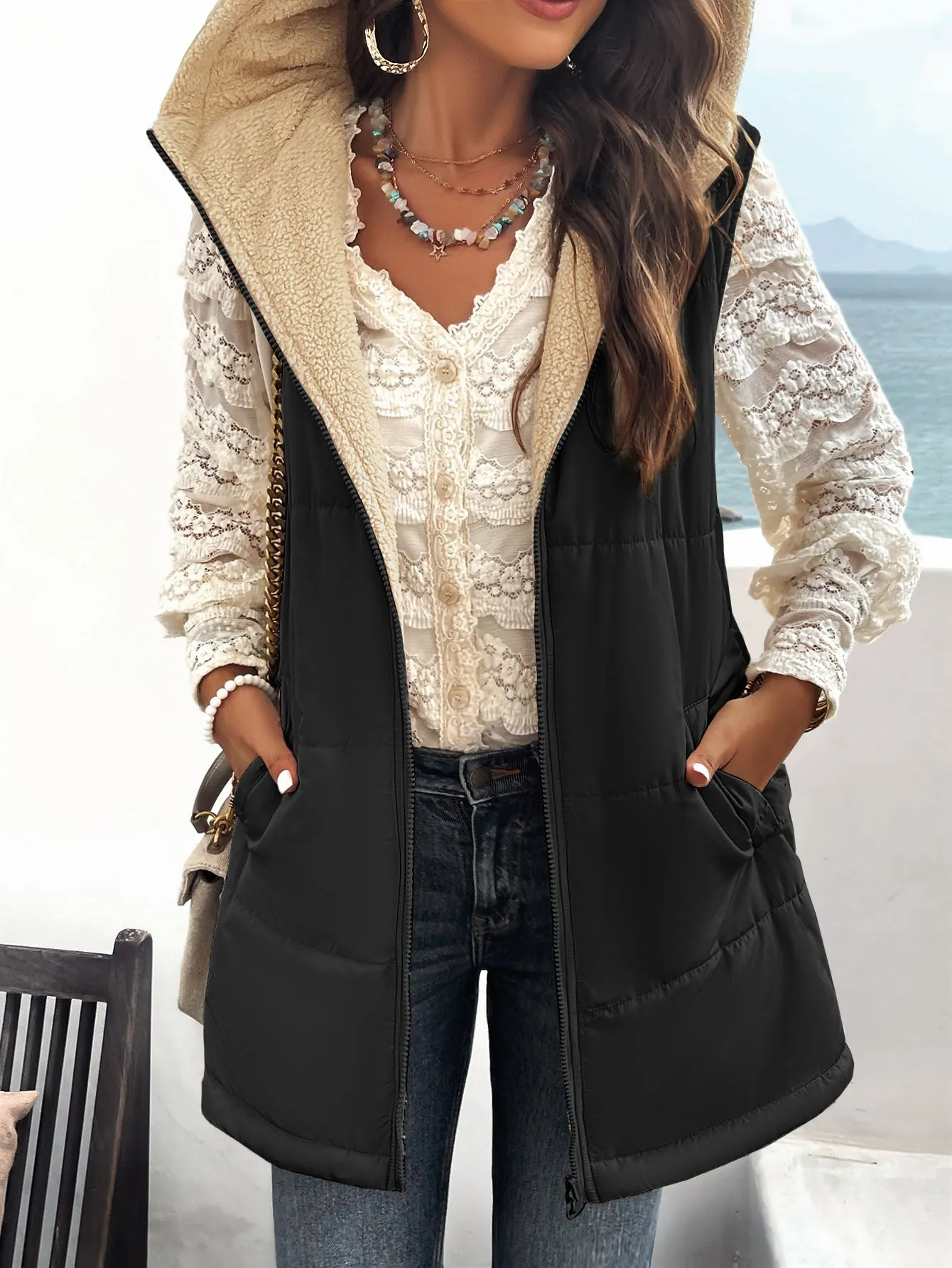 Black Women's Vest Sleeveless Fleece Jacket Zip Hoodie