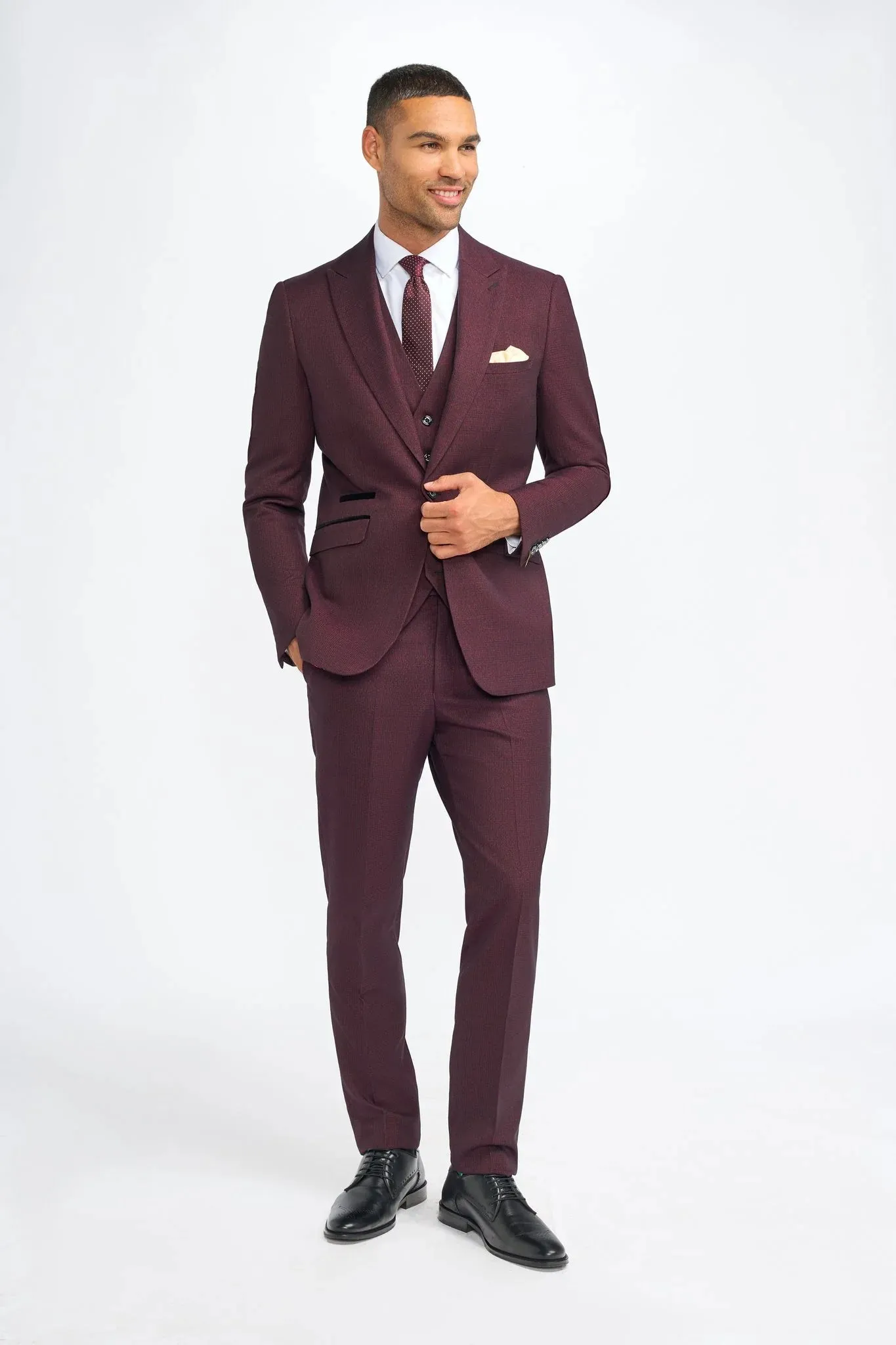 Caridi - Men's Burgundy 3 Piece Checked Suit