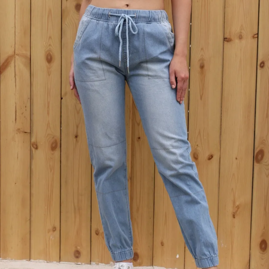 Casual Jeans Light Blue Elastic Waist String Trousers