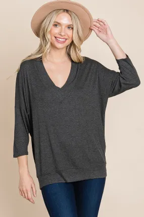 Charcoal Grey Rib Modal Casual 3/4 Sleeves Dolman Sleeves Top_