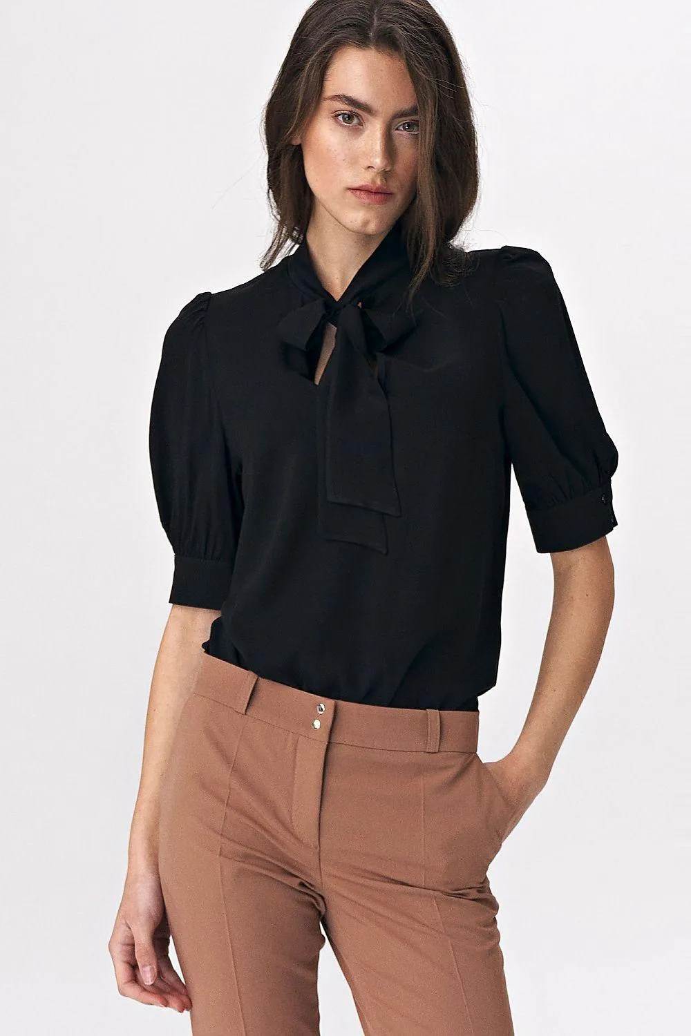 Chic Viscose Blouse with Elbow Sleeves and Stylish Neckline