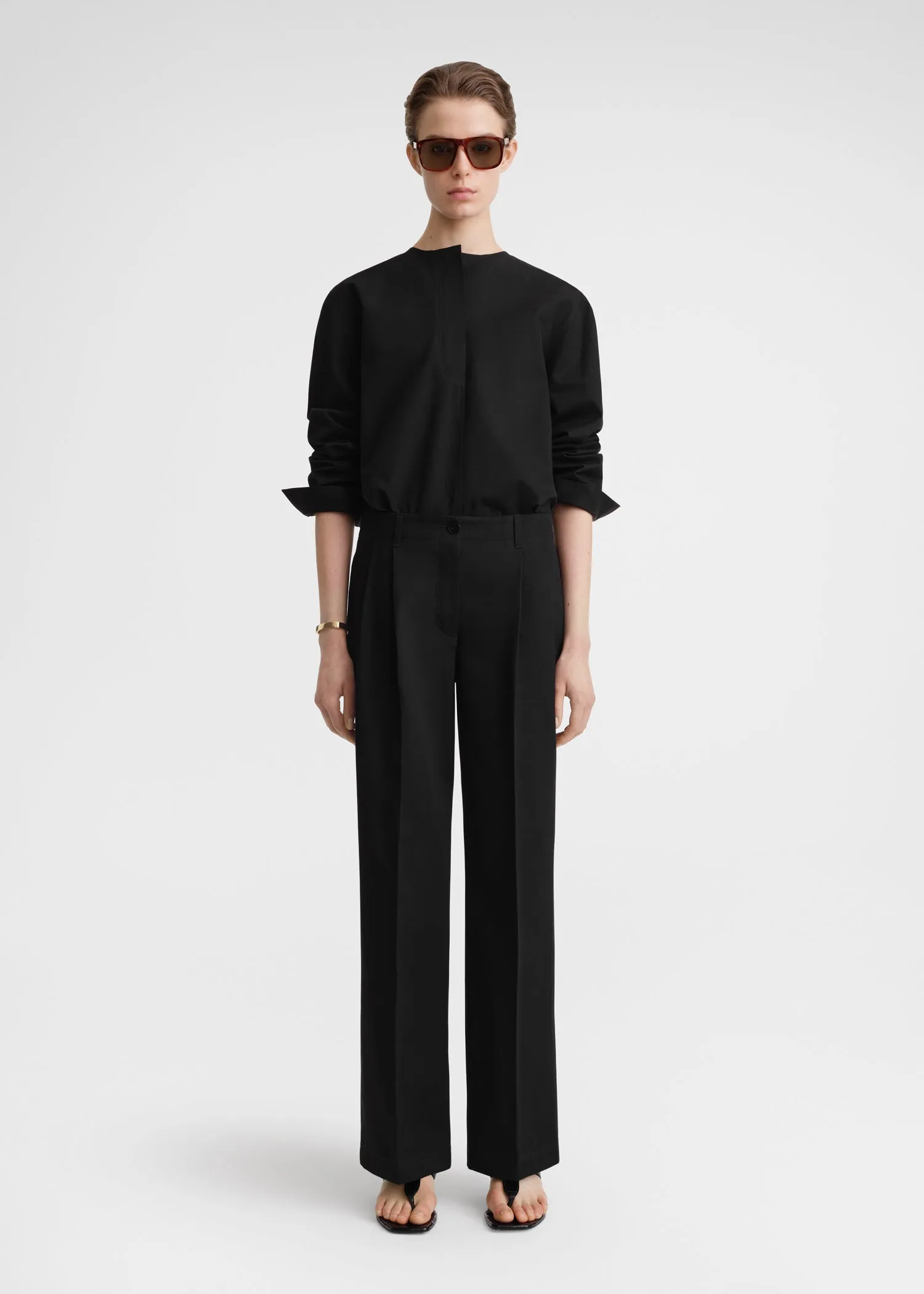 Collarless cotton-twill shirt black