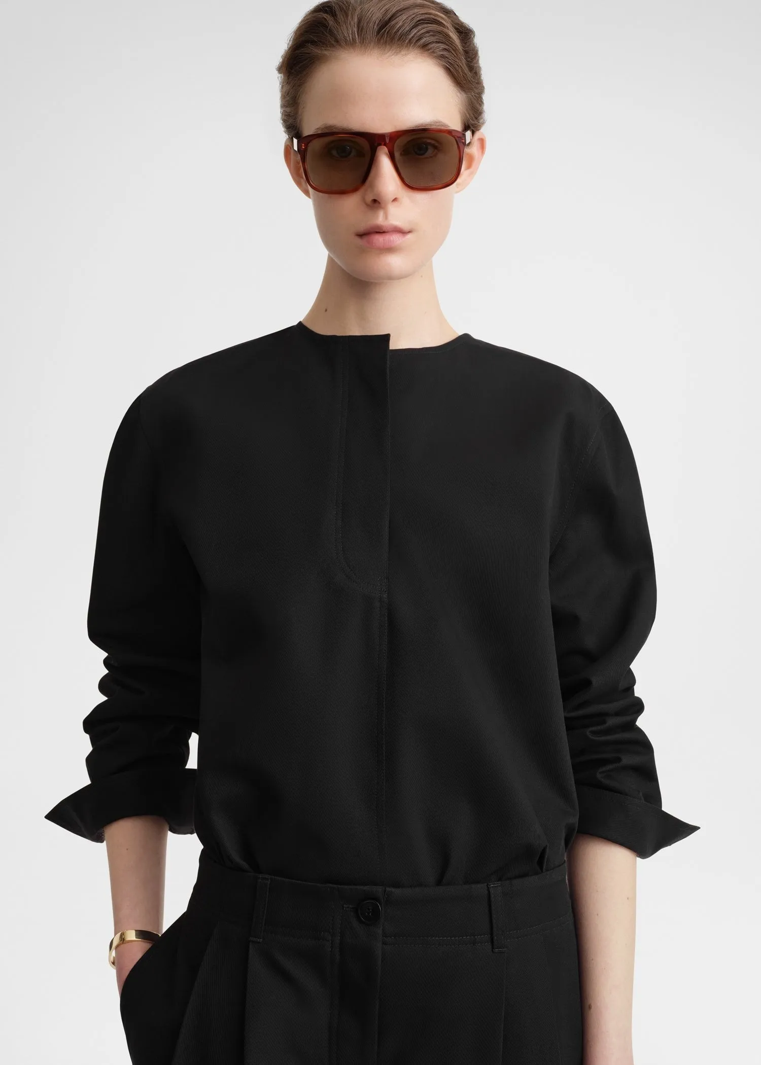 Collarless cotton-twill shirt black