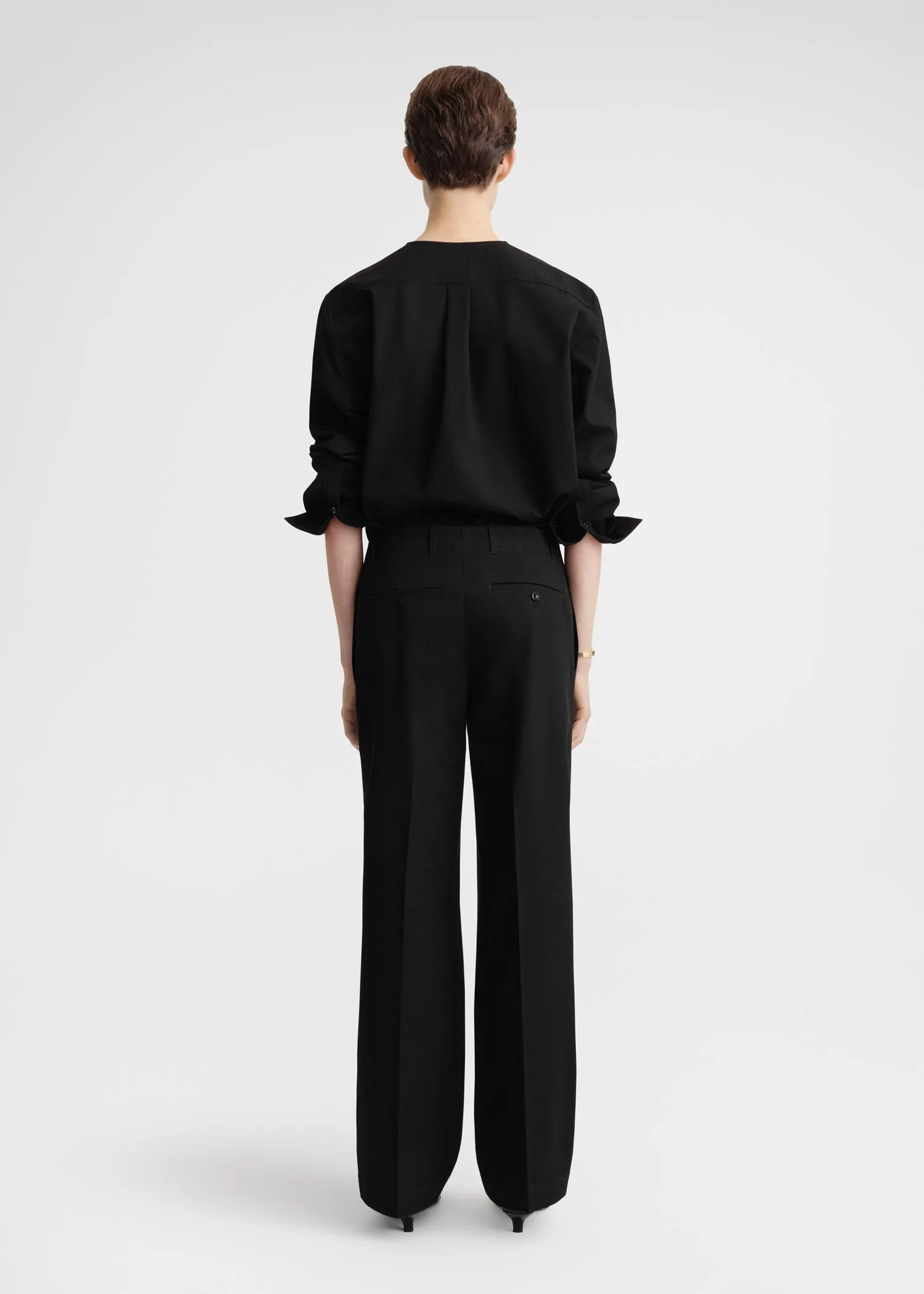 Collarless cotton-twill shirt black