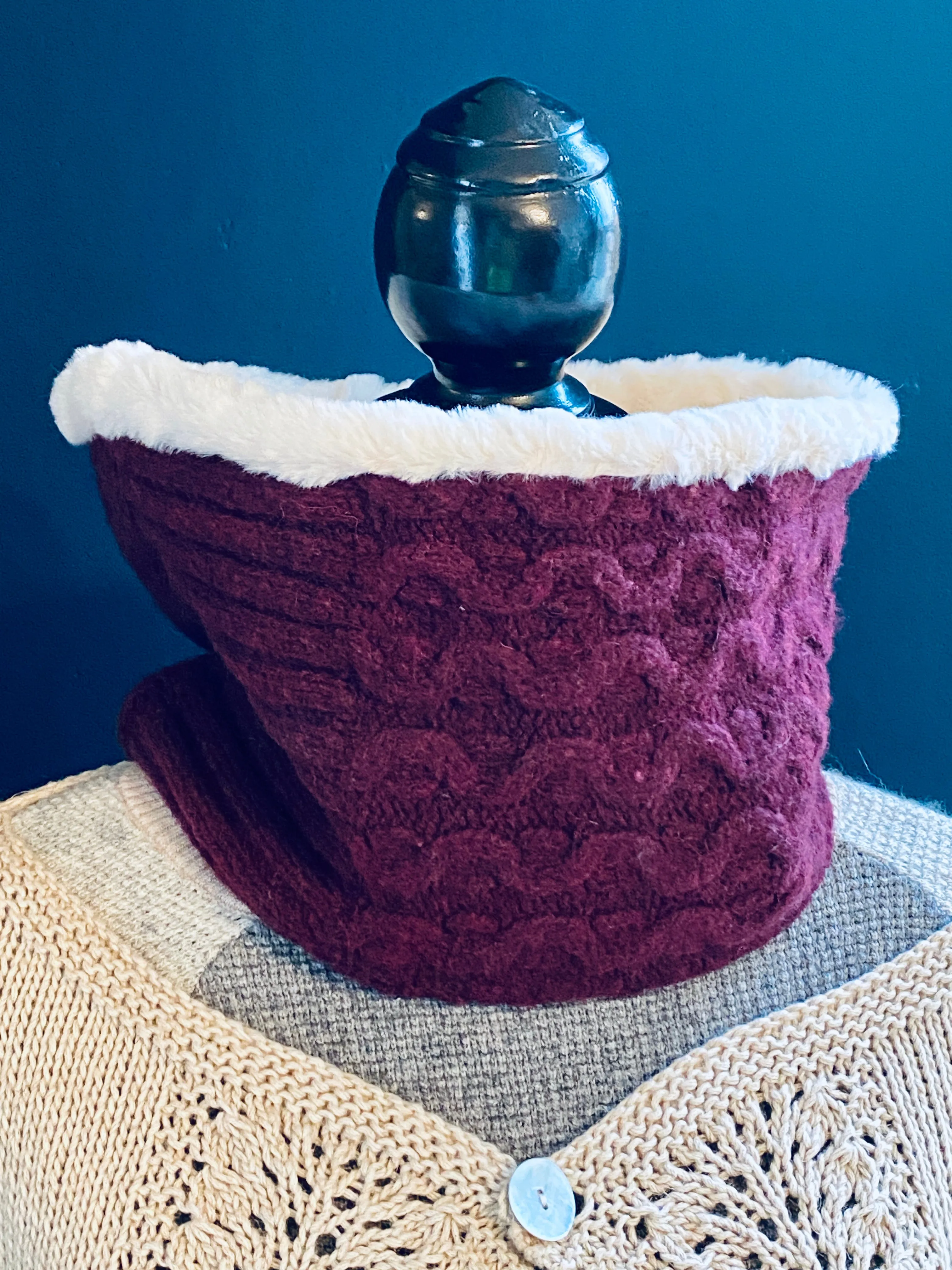 C.R.Woolie upcycled faux fur lined cowl cable texture burgundy maroon wine cream slow fashion