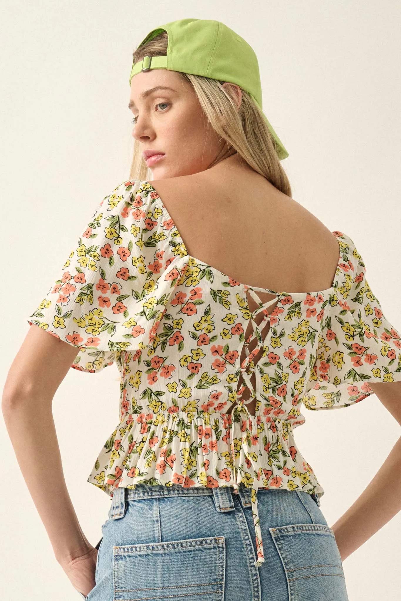 Fresh Blooms Floral Lace-Up Peasant Top