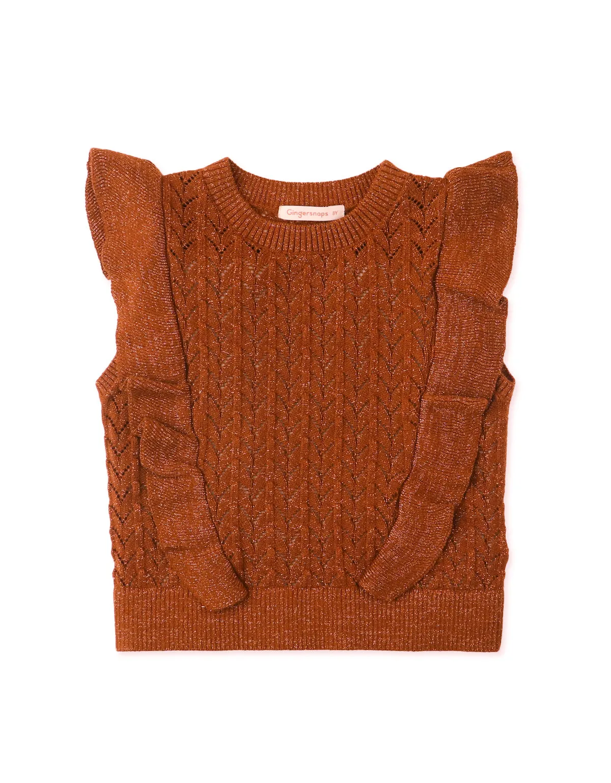 GIRLS LUREX POINTELLE KNIT TOP WITH FRILLS