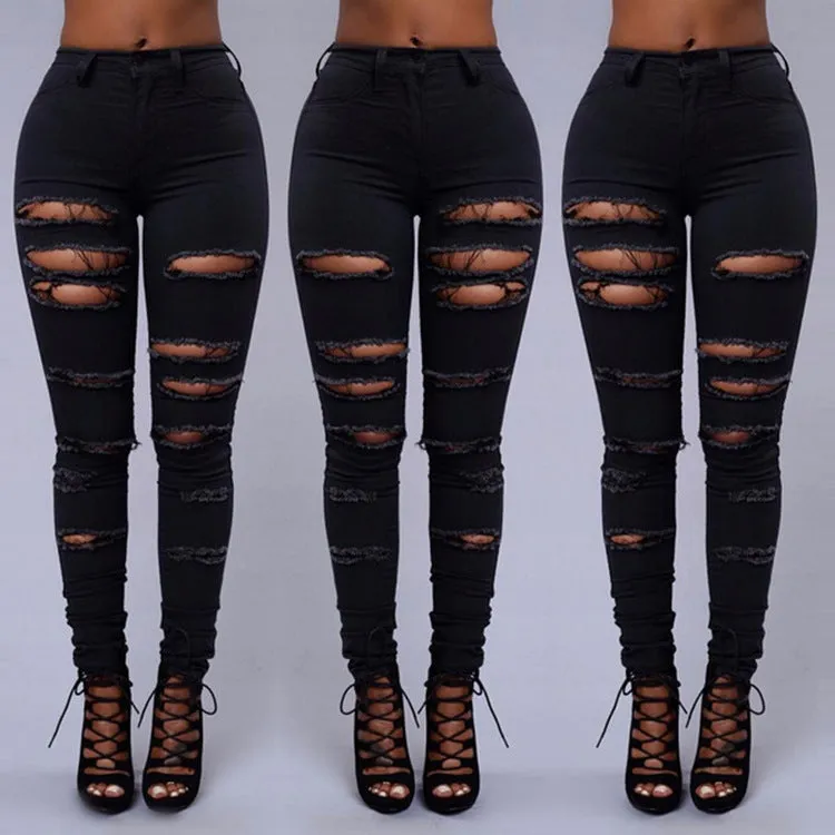 High Quality Women Casual Hole Jeans High Waist Skinny Pant Pencil Jeans Ripped Sexy Female Girls Trousers Denim Jeans