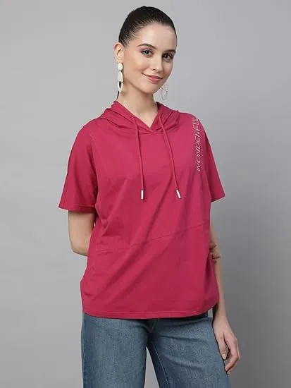 Hot Pink Cotton Blend Regular Fit Top For Women