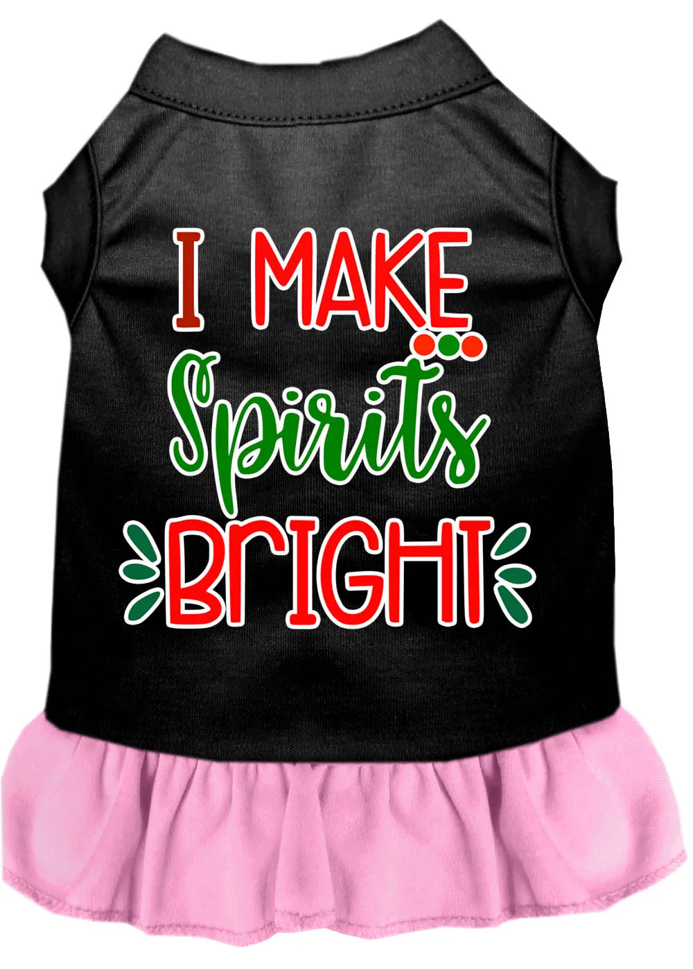 I Make Spirits Bright Screen Print Dog Dress Black With Light Pink Sm