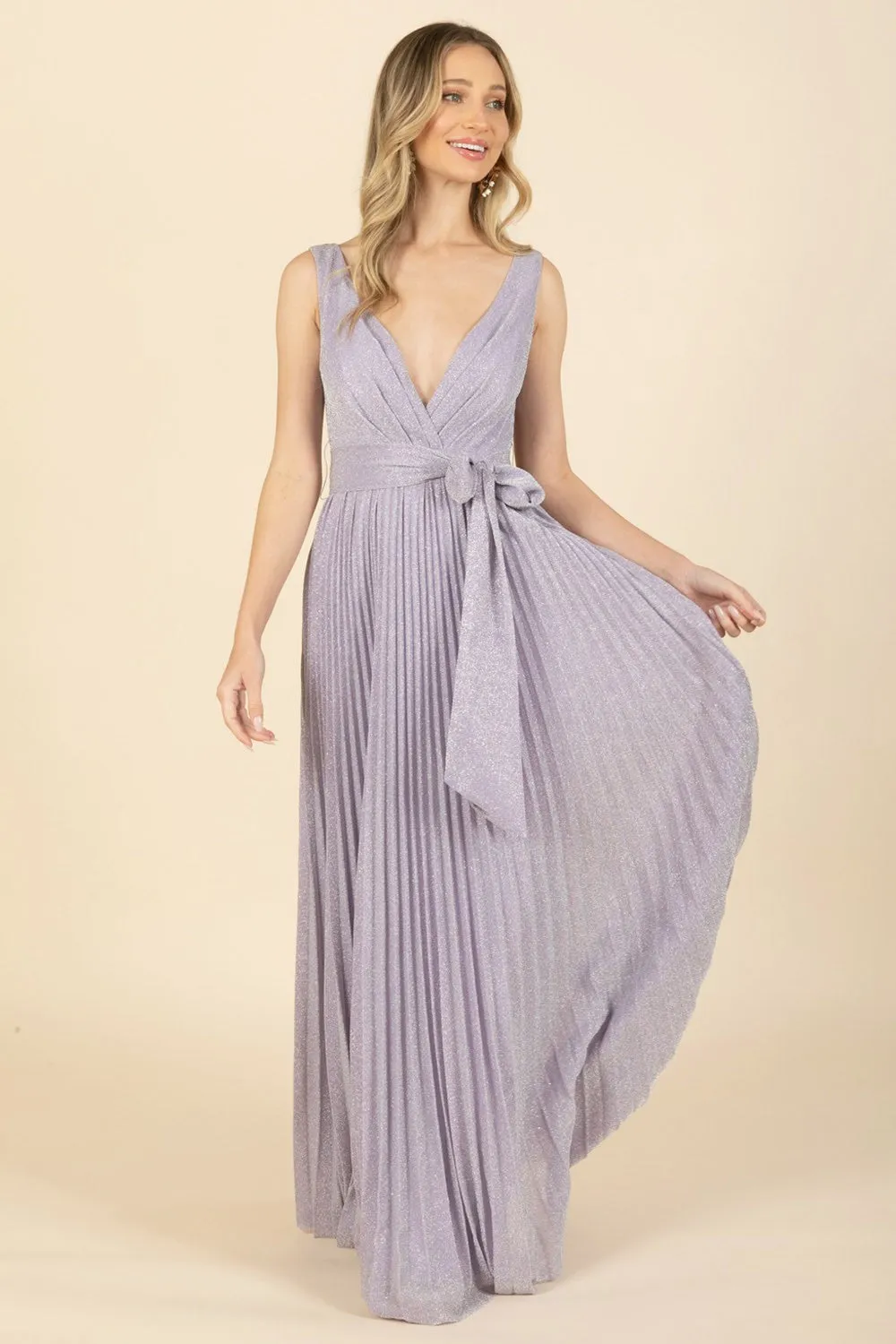 Lavender Sparkle V Neck Pleated Maxi Dress