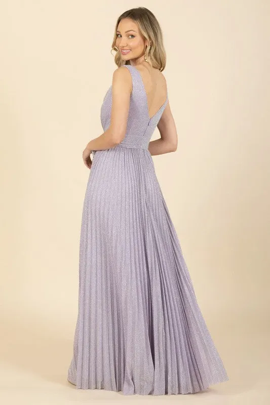 Lavender Sparkle V Neck Pleated Maxi Dress