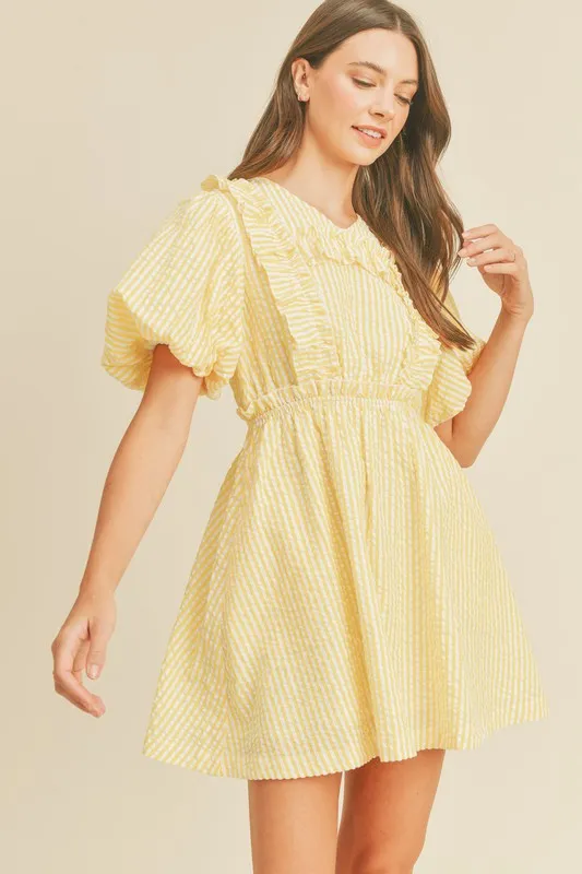 Lemon Yellow Striped Mini Dress With Ruffle Detail