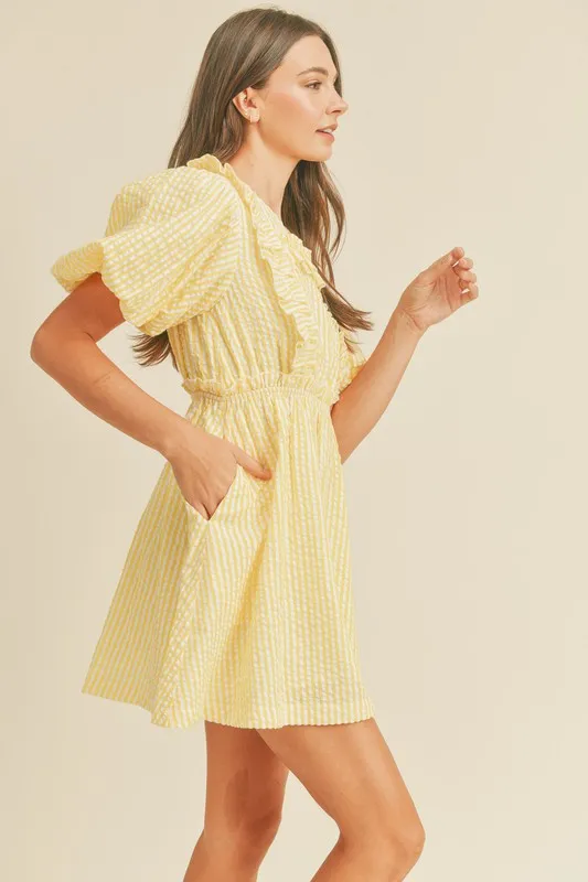 Lemon Yellow Striped Mini Dress With Ruffle Detail