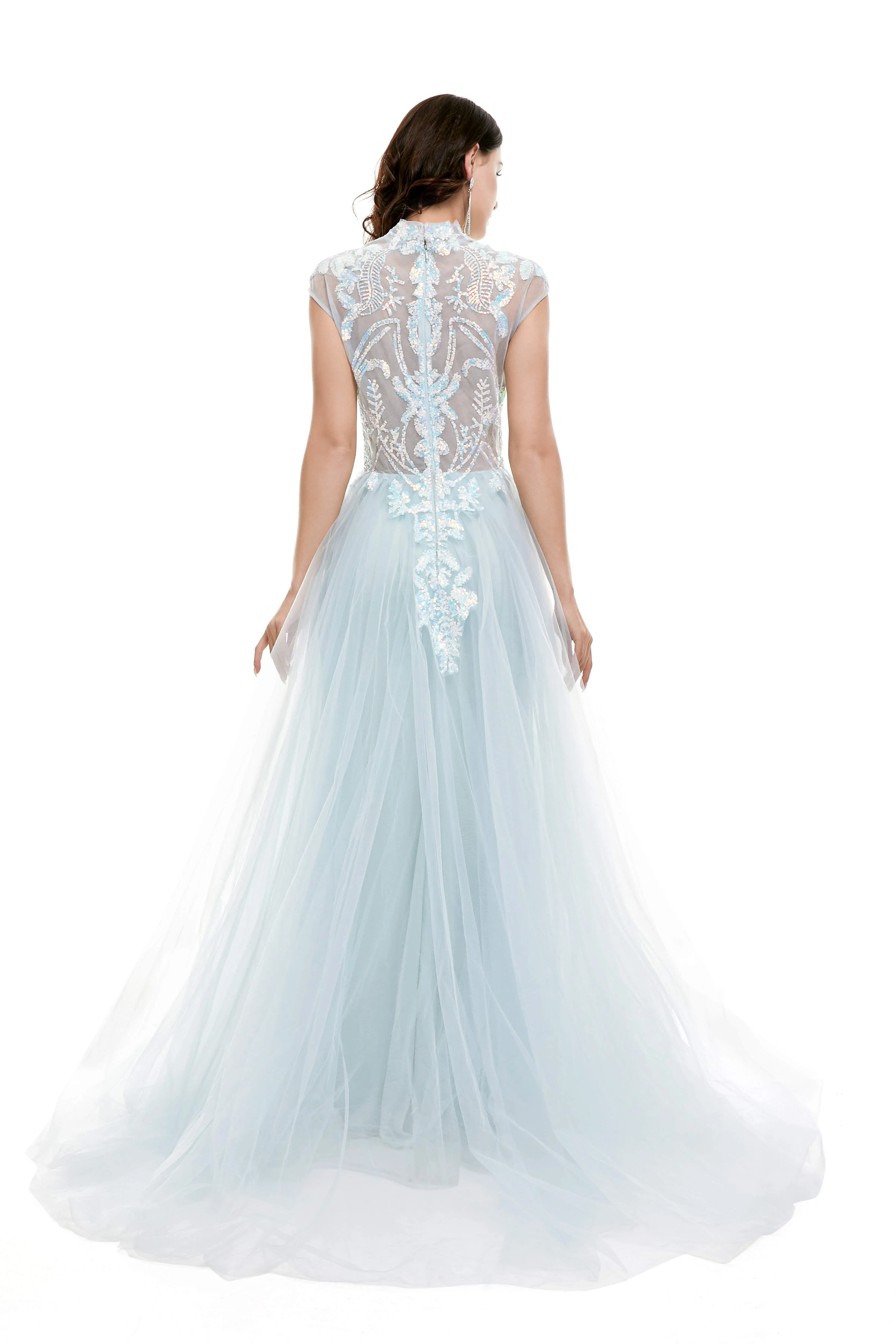 Light Blue Tulle Sequins Appliques Cap Sleeve Prom Dresses