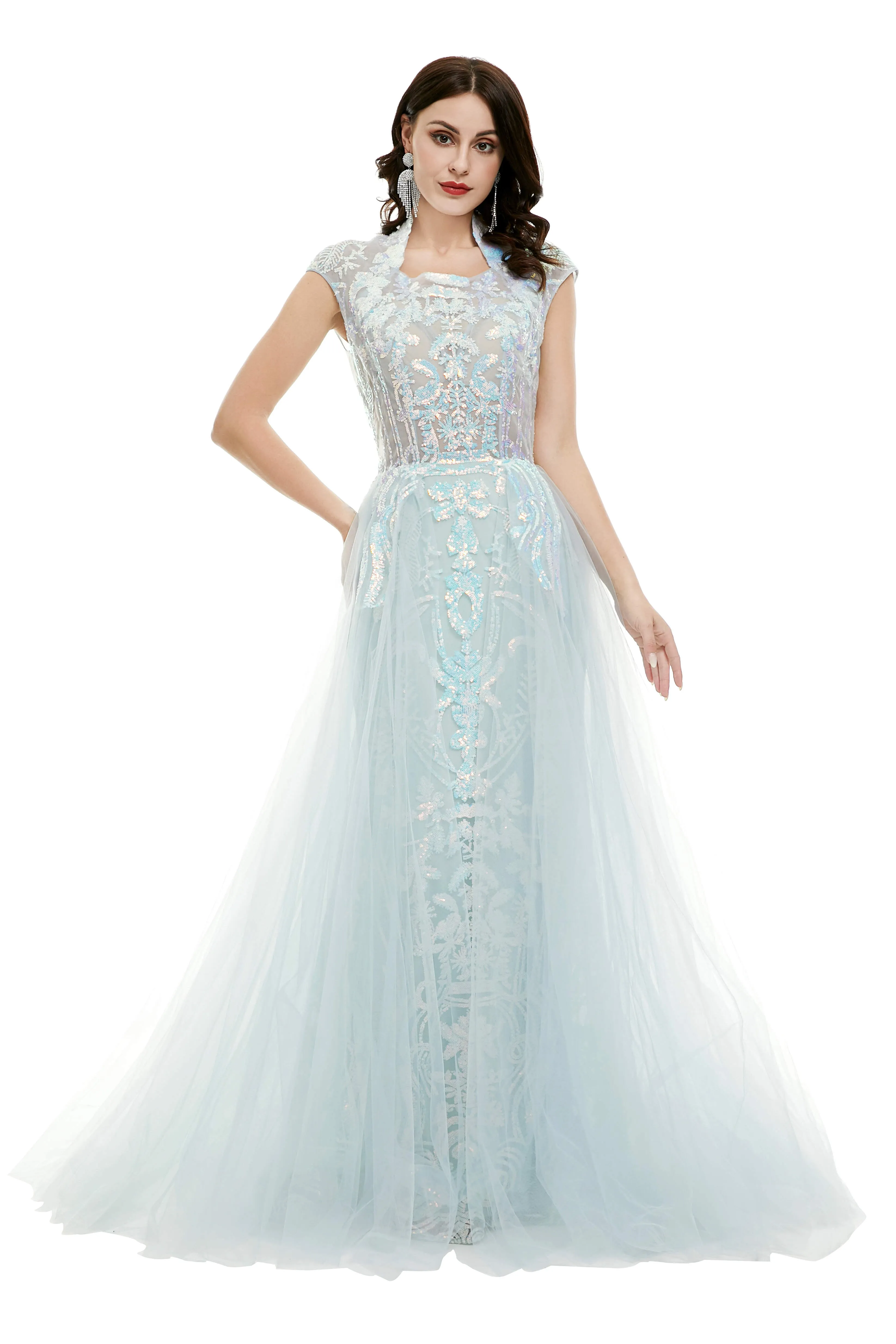 Light Blue Tulle Sequins Appliques Cap Sleeve Prom Dresses