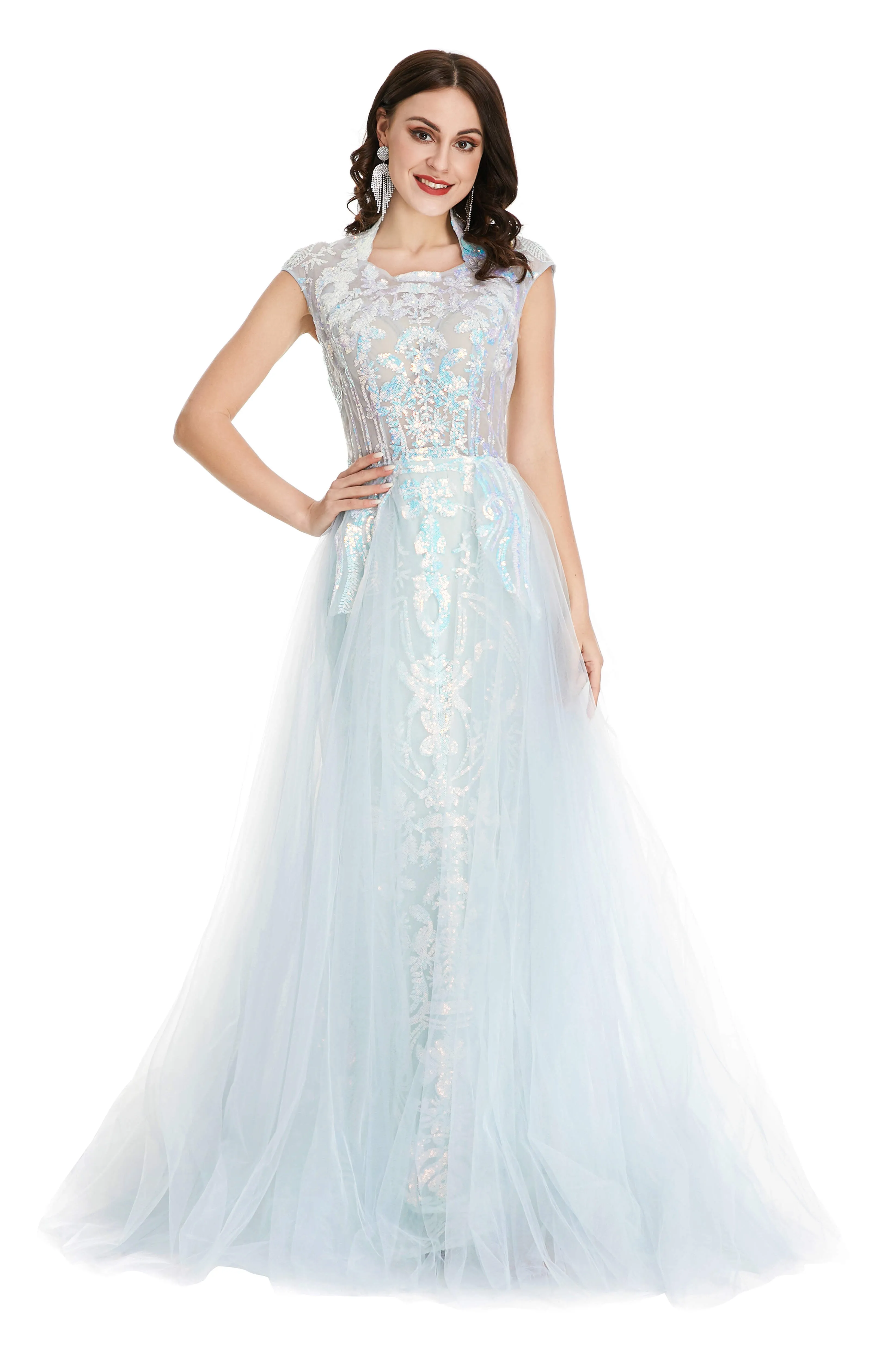 Light Blue Tulle Sequins Appliques Cap Sleeve Prom Dresses