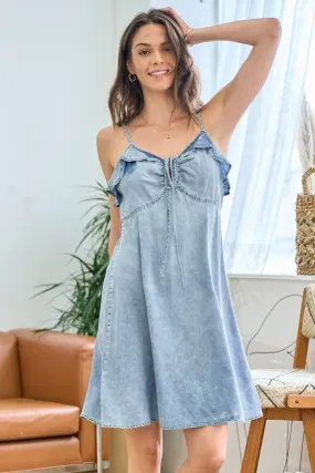 Light Denim Cinched Cut Out Denim Dress