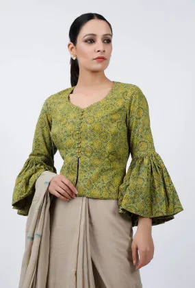 Light Green Ajrakh Hand Block Printed Cotton Blouse