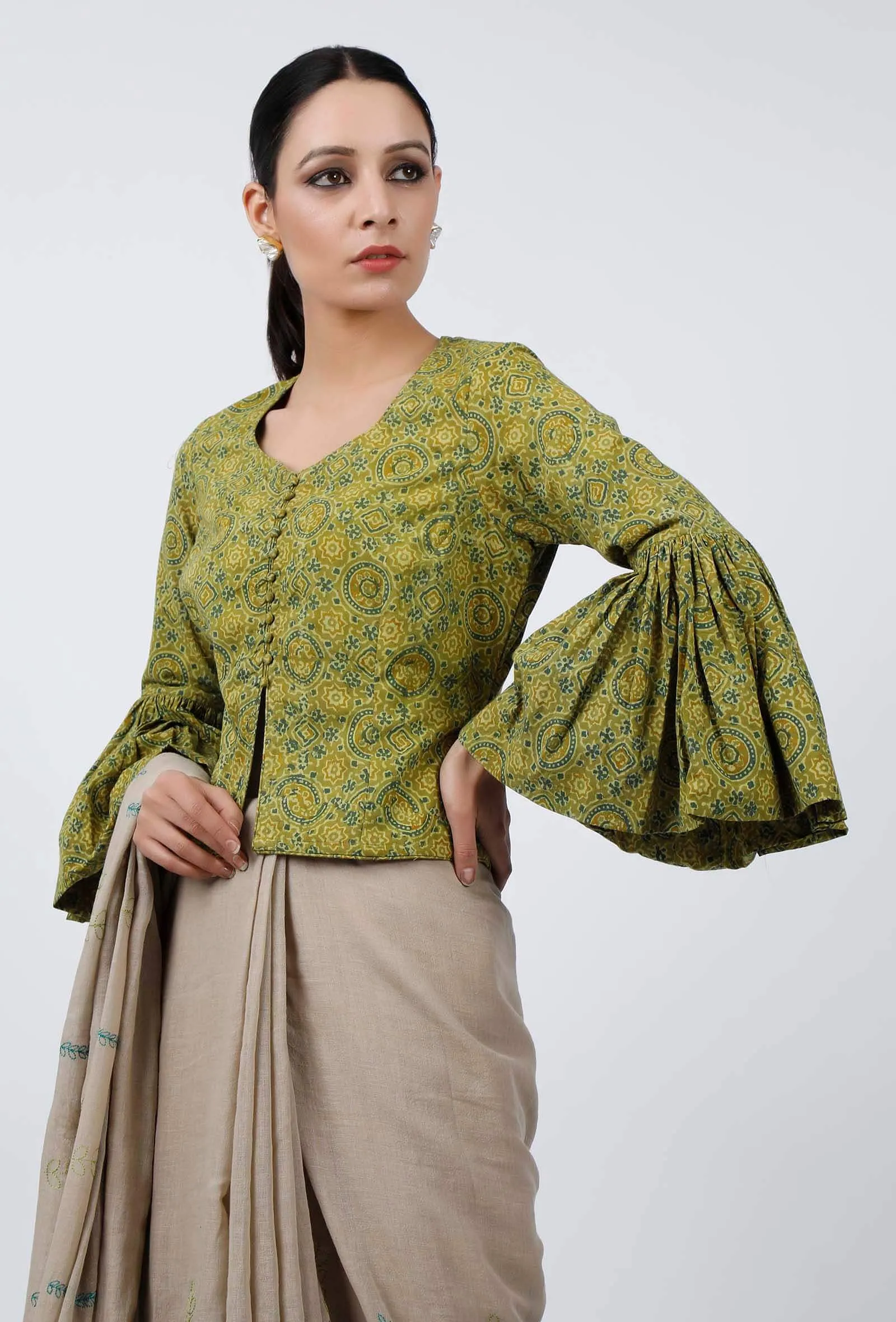 Light Green Ajrakh Hand Block Printed Cotton Blouse