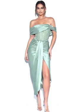 Light Green Off Shoulder Crystal Corset Satin Gown