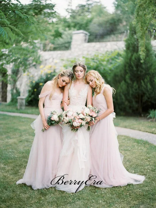 Light Pink Off Shoulder Bridesmaid Dresses, Tulle A-line Bridesmaid Dresses