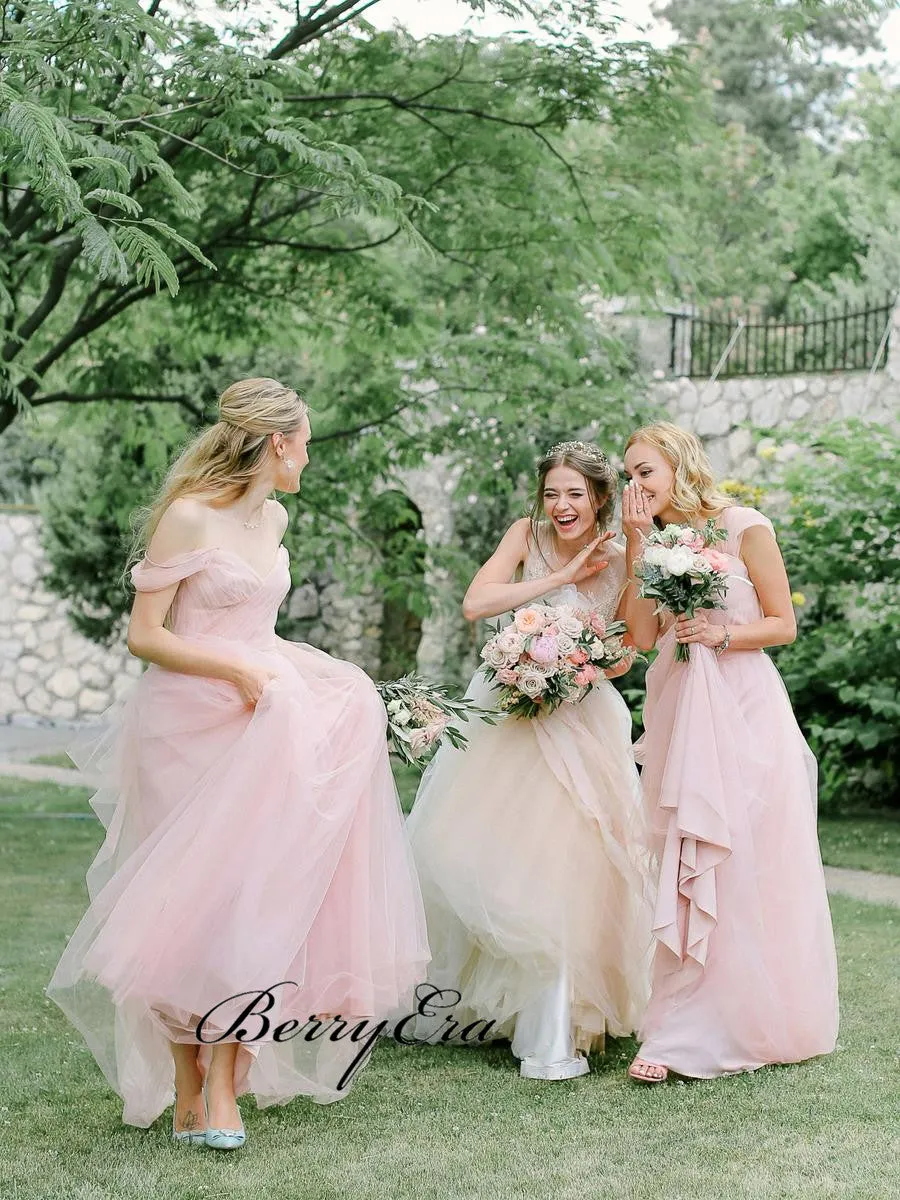 Light Pink Off Shoulder Bridesmaid Dresses, Tulle A-line Bridesmaid Dresses