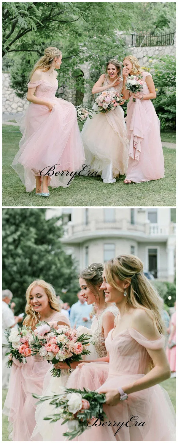 Light Pink Off Shoulder Bridesmaid Dresses, Tulle A-line Bridesmaid Dresses