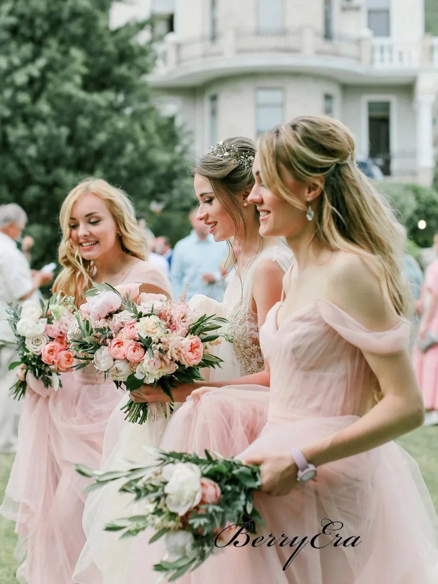 Light Pink Off Shoulder Bridesmaid Dresses, Tulle A-line Bridesmaid Dresses