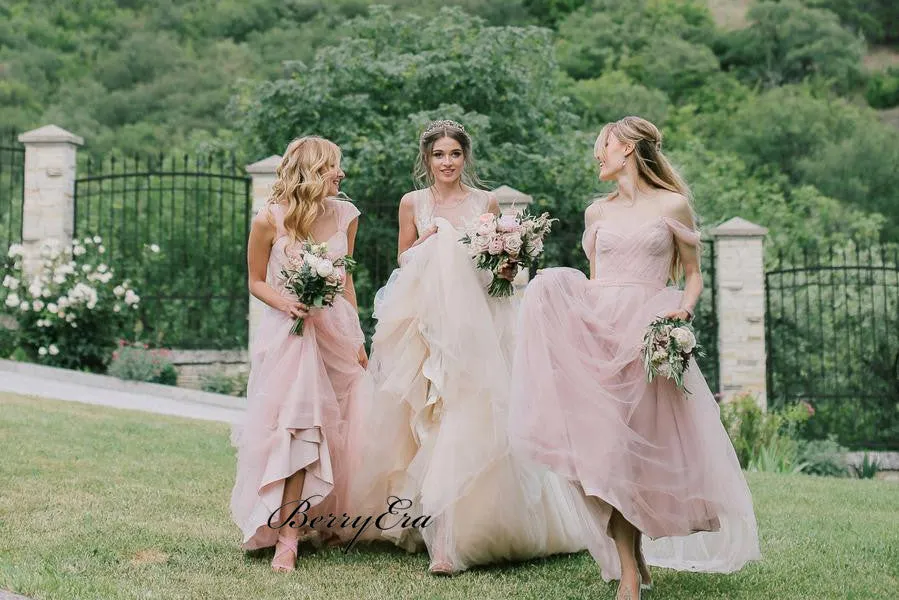 Light Pink Off Shoulder Bridesmaid Dresses, Tulle A-line Bridesmaid Dresses