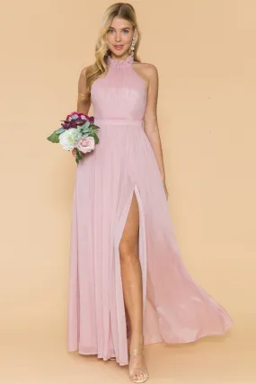 Light Pink Ruffle Neck Line Slit Maxi Dress