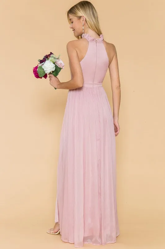 Light Pink Ruffle Neck Line Slit Maxi Dress