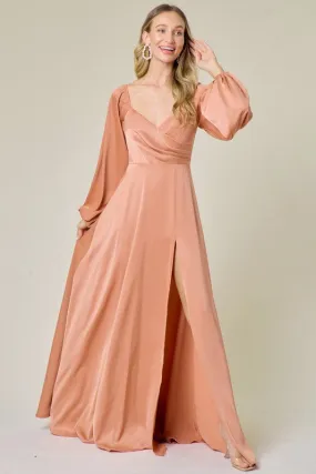 Light Sienna Heart Neck Long Sleeve Satin Slit Maxi Dress