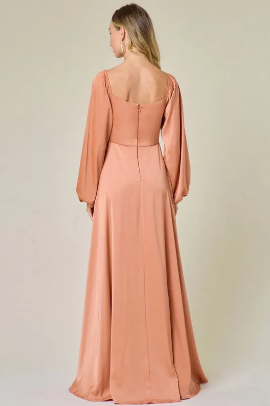 Light Sienna Heart Neck Long Sleeve Satin Slit Maxi Dress