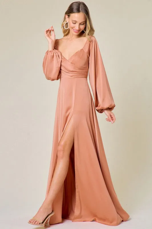 Light Sienna Heart Neck Long Sleeve Satin Slit Maxi Dress