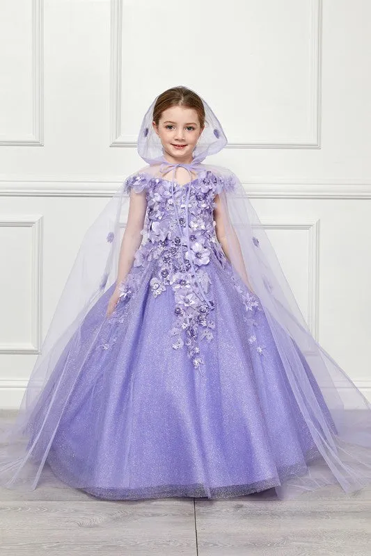 Lilac 3D Floral Off Shoulder Mini Quince Dress with Cape