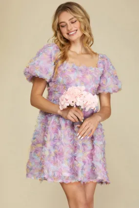 Lilac Romantic Flower 3D Mesh Dress Mini Baby Doll Dress